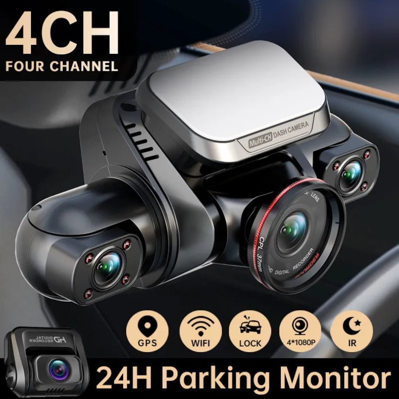 4 Channel Dash Camera 1080P 4K GPS WiFi Voice Control Super Night Vision 128GB Card 24 Hours Parking Mode