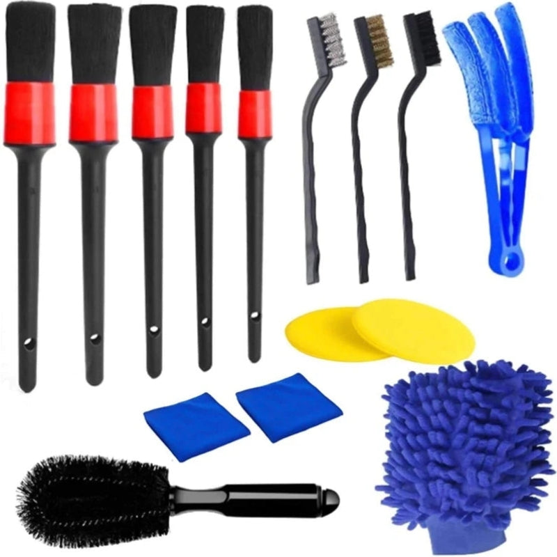 15 pc Car Cleaning Kit Brush Kit for Wheels Interior Exterior Leather Boar Hair Detail Brush Wire Brushes