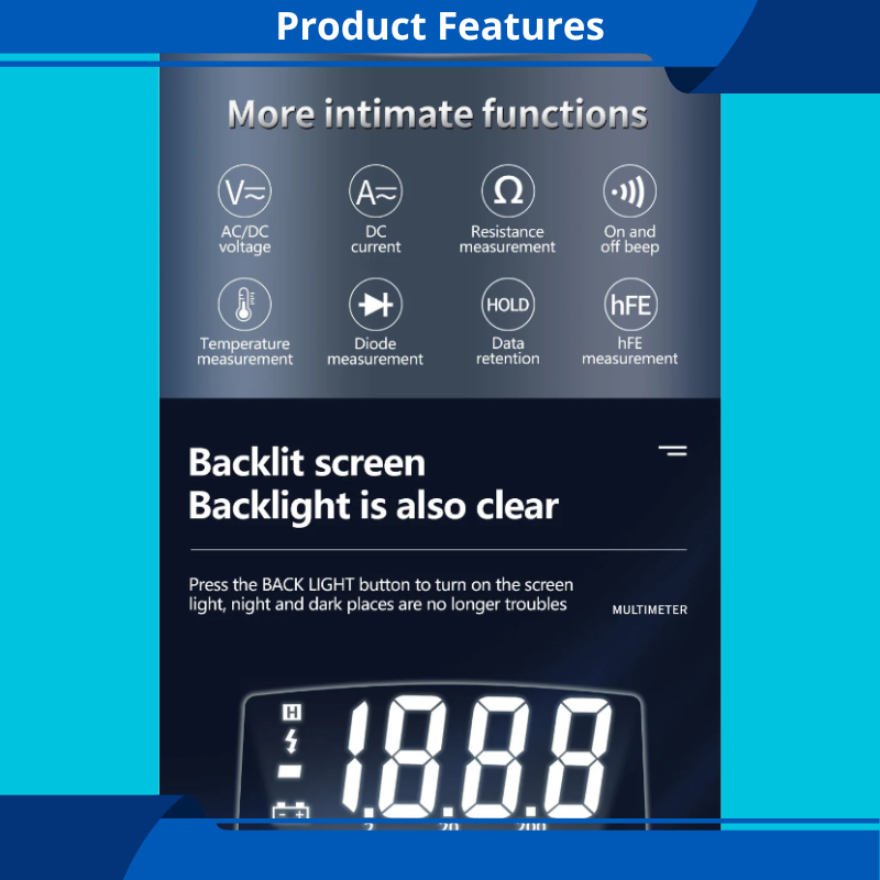 Multimeter Digital Analyzer Counts Volt Meter Measures Voltage Current Resistance Diodes Continuity Duty-Cycle