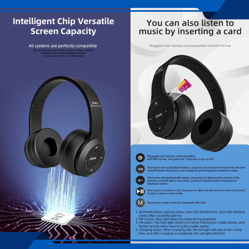 Rechargeable Wireless Headphones 5.0 Bluetooth Foldable Light Weight Sports Game Headset