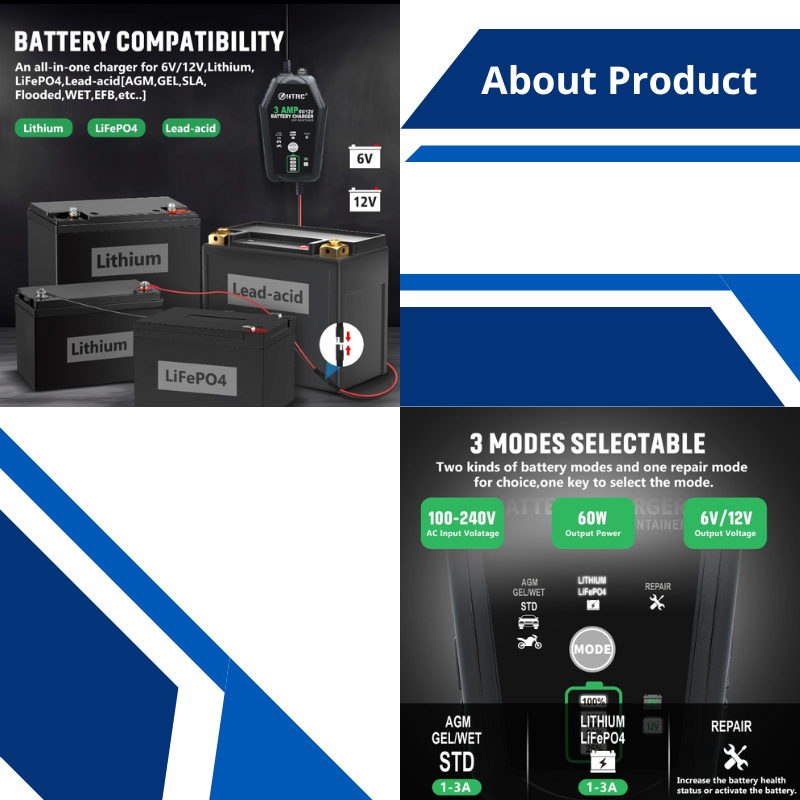 6V 12V 3A Smart Car Battery Charger Trickle Charger for Motorcycle ATV Lithium and Deep Cycle Batteries