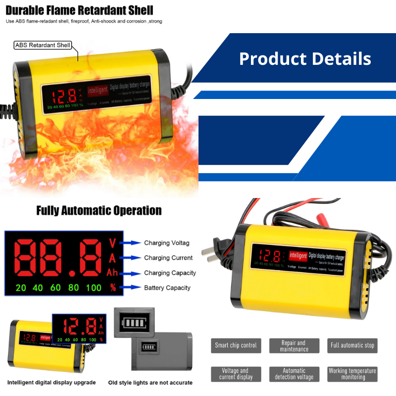 Car Battery Charger Digital LCD Display 2A Fast Charging 3 Stages Lead Acid AGM GEL Battery-charger