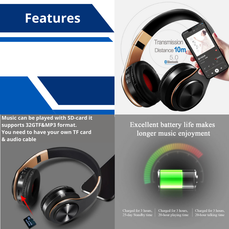 HIFI Stereo Wireless Headphones Bluetooth Headset FM Supports SD Card Mic for Mobile iOS & Android