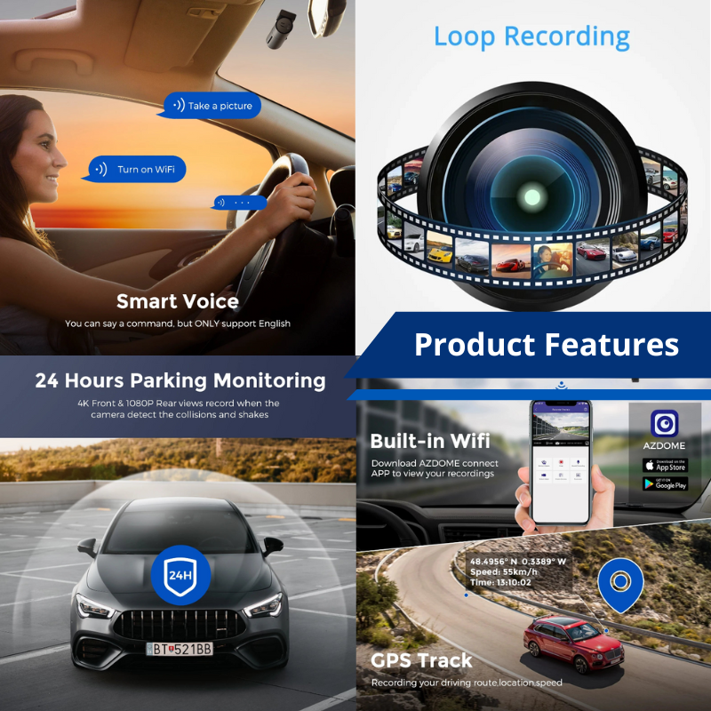 Car Dash Cam With Voice Control 4K+1080P HD Dual Cameras And Built-in GPS WiFi Premium Night Vision