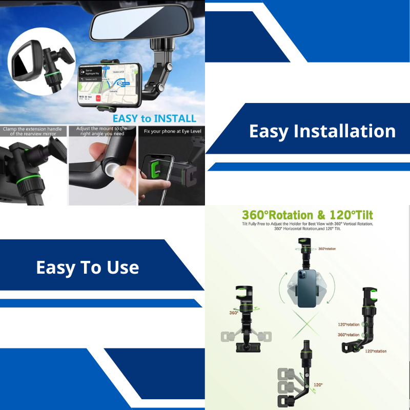 Car Rearview Mirror Phone Holder 360° Rotatable and Retractable Mobile Phone Mount