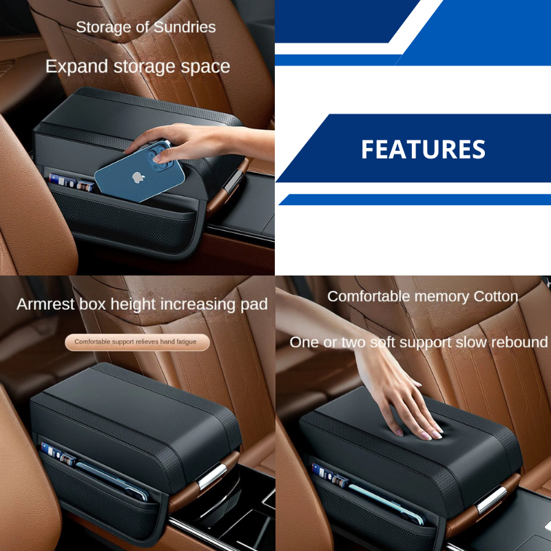 Leather Car Armrest Memory Foam Center Console Cover With Storage Pockets Universal Fit