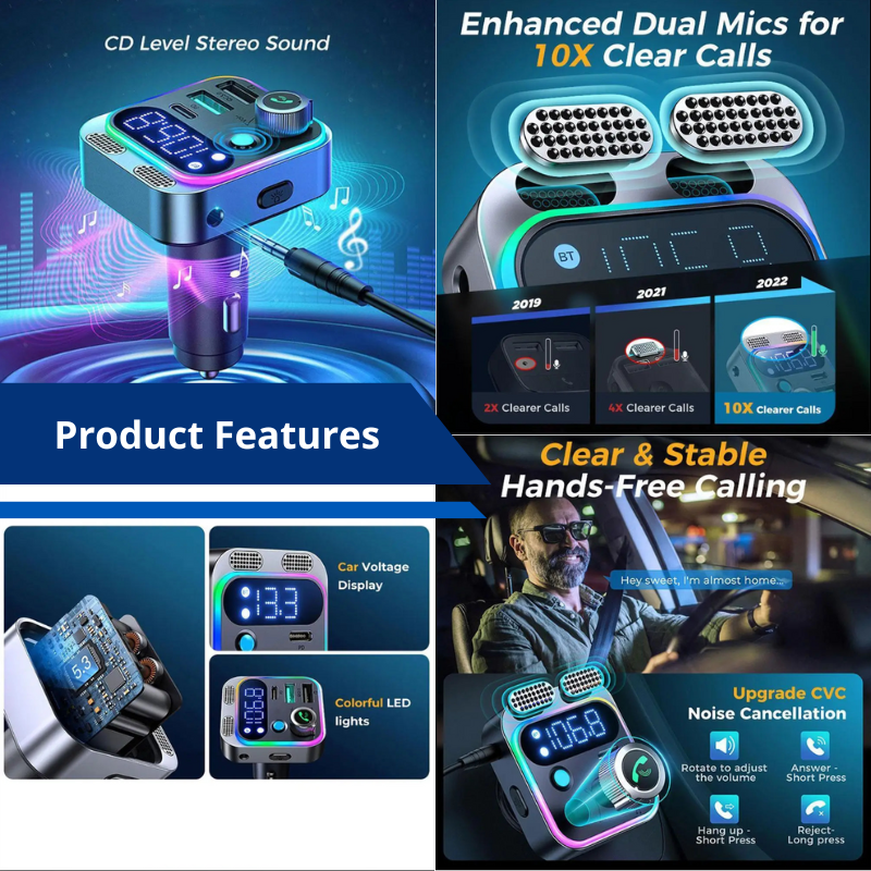 4 Port USB Car Charger Type C Bluetooth 5.3 FM Transmitter PD 250W Fast Charging for iOS Samsung