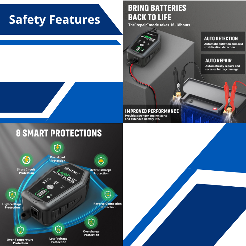 6V 12V 3A Smart Car Battery Charger Trickle Charger for Motorcycle ATV Lithium and Deep Cycle Batteries