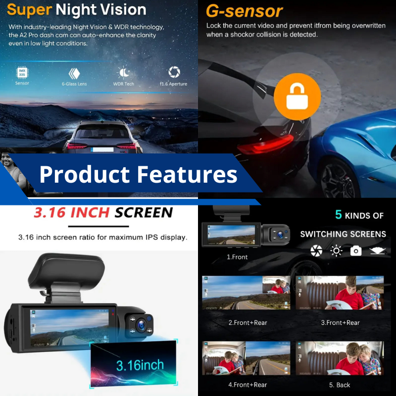 Dual Dash Cam 170°Wide Angle 1080P HD Lens 3.16in Dual Lens IR Night Vision Loop Recording