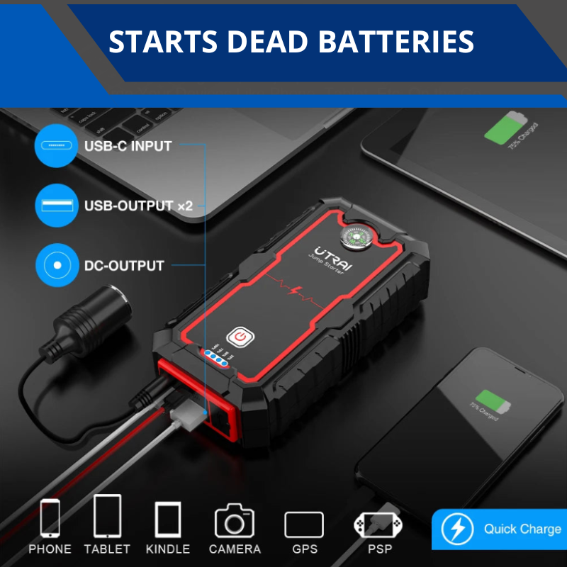 2000A Car Jump Starter 12V Battery Booster and Jumper Cables for 8.0L Gasoline and 6.0L Diesel Engines