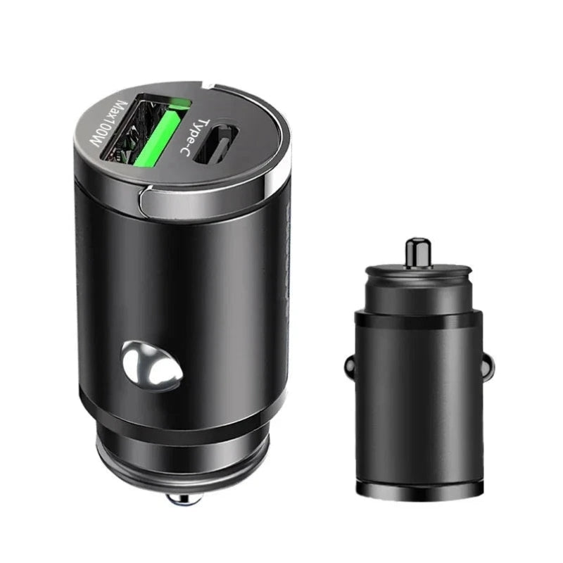 Hidden Mini 100W Type C USB Car Charger Fast Charging for iPhone Samsung Lighter Charger