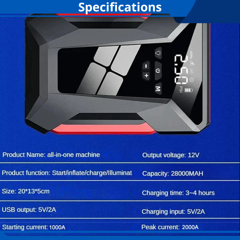 4 In 1 2000 Amp Car Jump Starter 150PSI Digital Tire Pump, Power Bank 28000mAh 12V Car Charger Booster