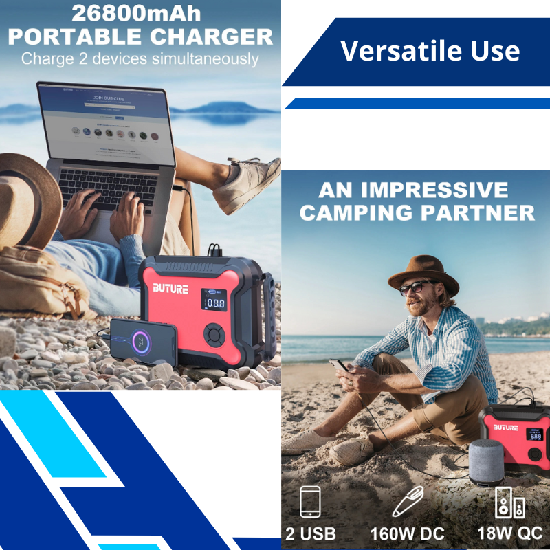 5 in 1 Portable Car Jump Starter With Air Compressor 26800mAh Power Bank Battery Booster Digital with 160W DC Out