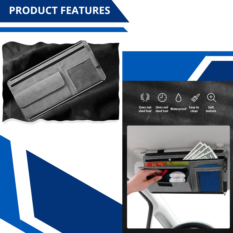 Car Sun Visor Organizer, Textured Suede, 2-Layer Storage For Sunglasses, Card Holder, Zipper Storage Pocket