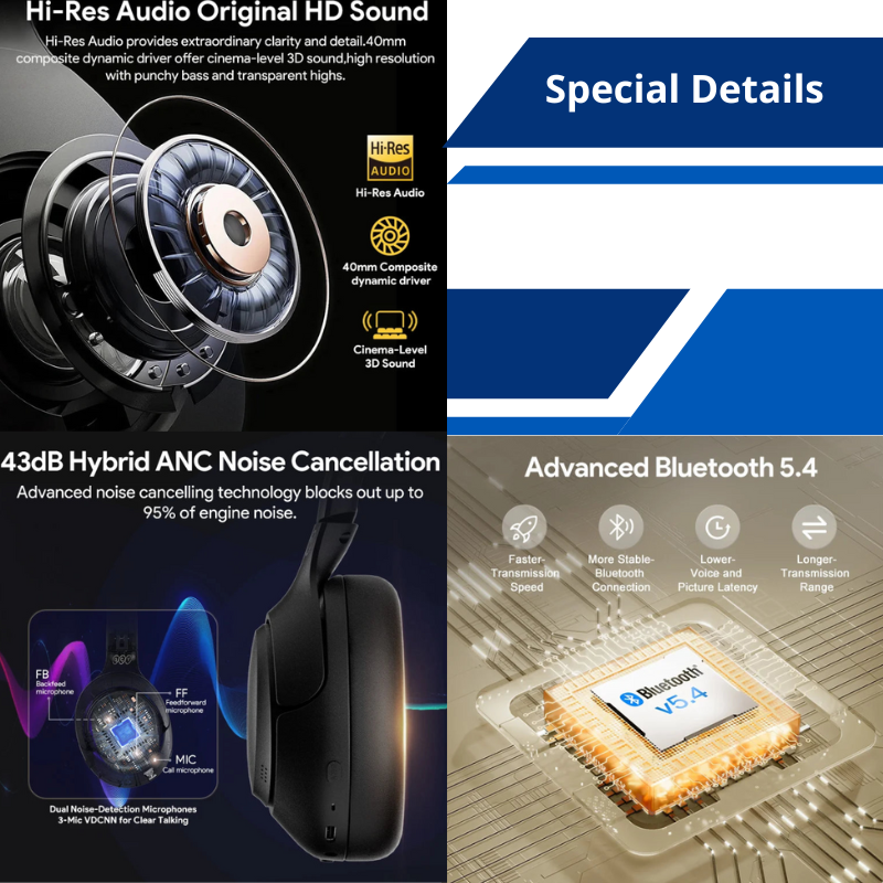 Best Wireless Headphones Bluetooth Noise Cancelling Hi-Res 43dB USB-C Up to 60 Hours Battery Life