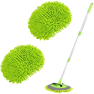 Microfiber Car Wash Brush Mitt Sponge 46" Aluminum Alloy Long Handle 2 Chenille Scratch-Free Replacement Head