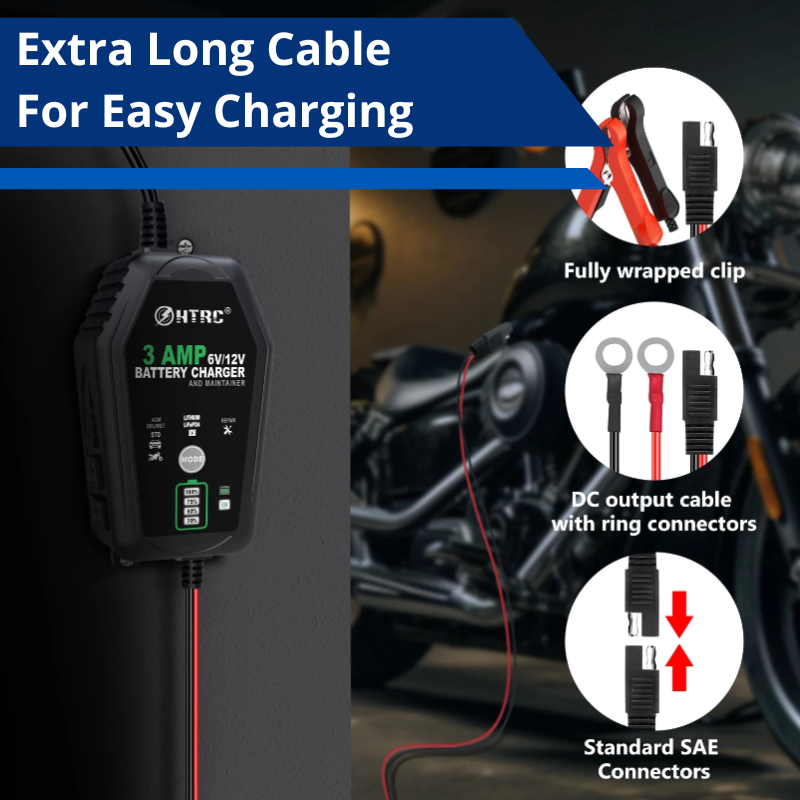 6V 12V 3A Smart Car Battery Charger Trickle Charger for Motorcycle ATV Lithium and Deep Cycle Batteries
