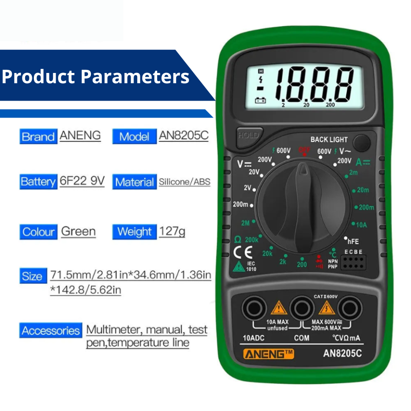 Multimeter Digital Analyzer Counts Volt Meter Measures Voltage Current Resistance Diodes Continuity Duty-Cycle