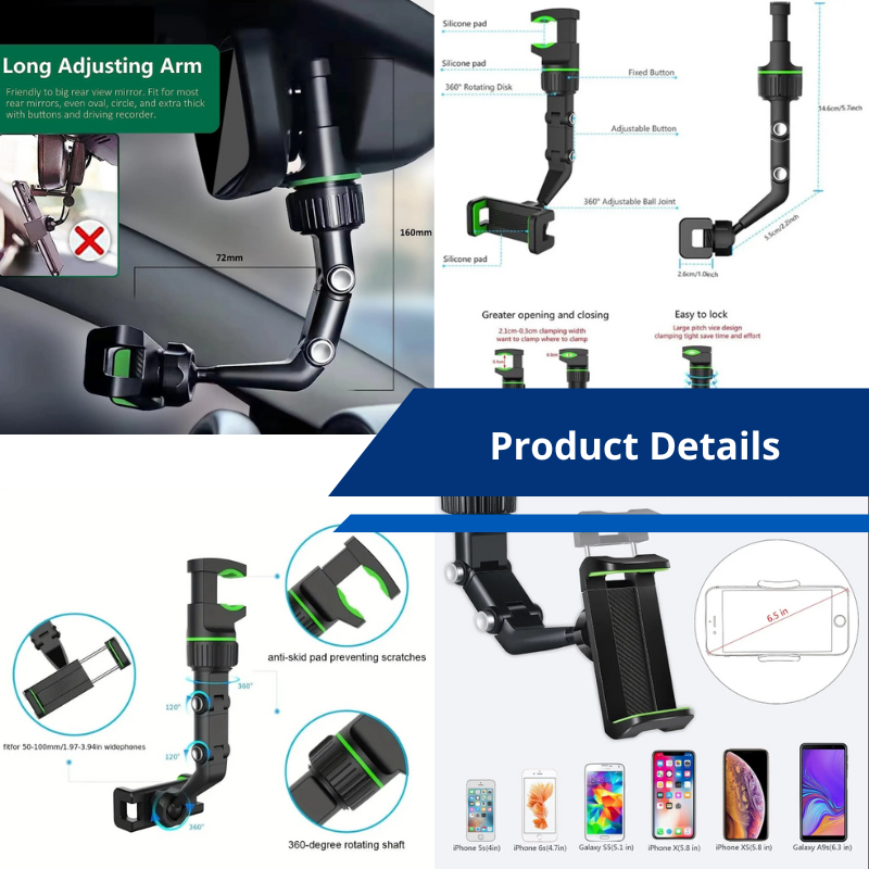 Car Rearview Mirror Phone Holder 360° Rotatable and Retractable Mobile Phone Mount