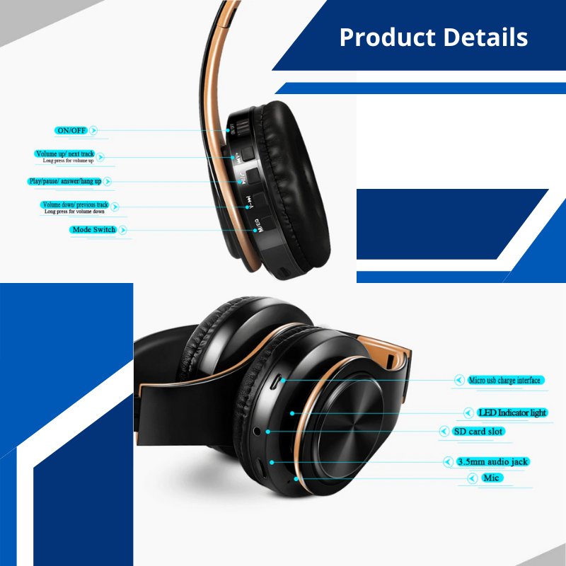 HIFI Stereo Wireless Headphones Bluetooth Headset FM Supports SD Card Mic for Mobile iOS & Android