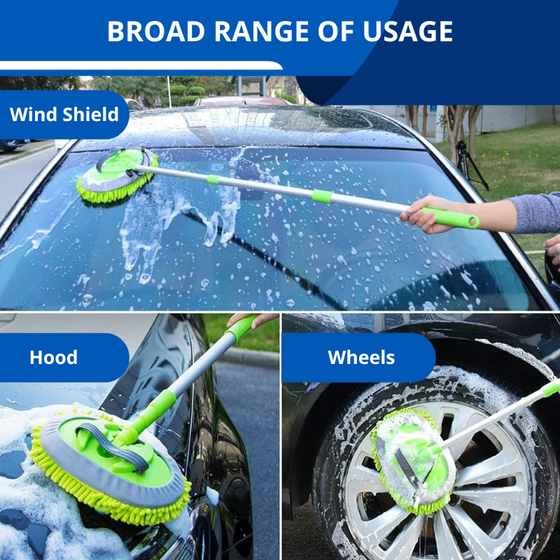 Microfiber Car Wash Brush Mitt Sponge 46" Aluminum Alloy Long Handle 2 Chenille Scratch-Free Replacement Head