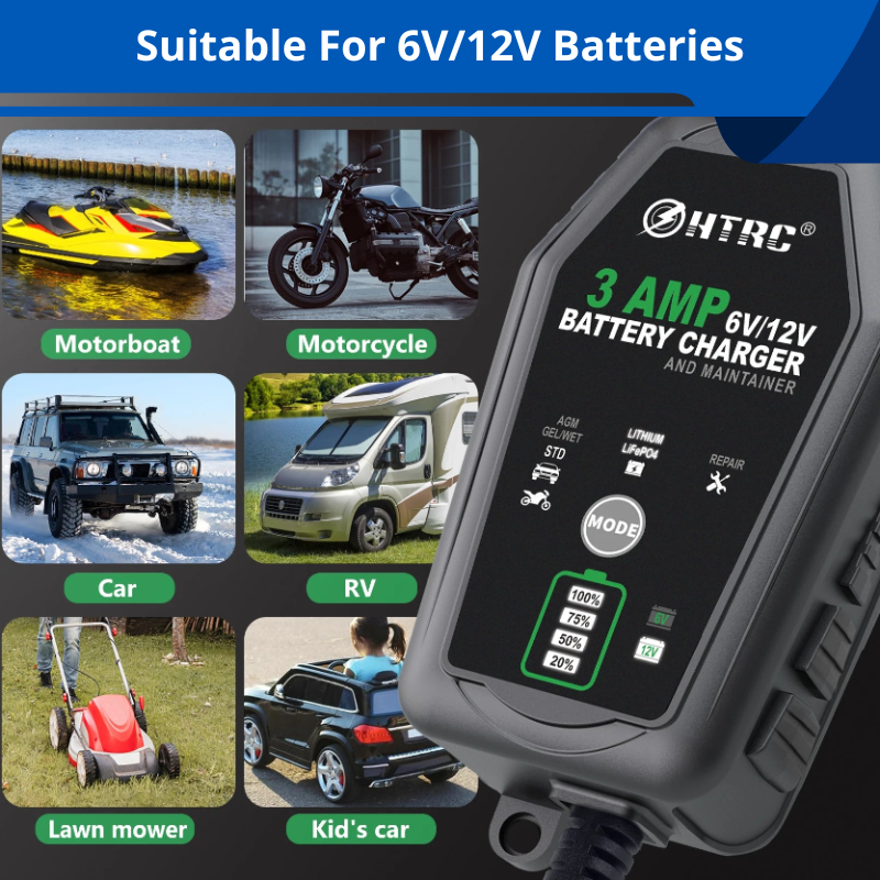 6V 12V 3A Smart Car Battery Charger Trickle Charger for Motorcycle ATV Lithium and Deep Cycle Batteries