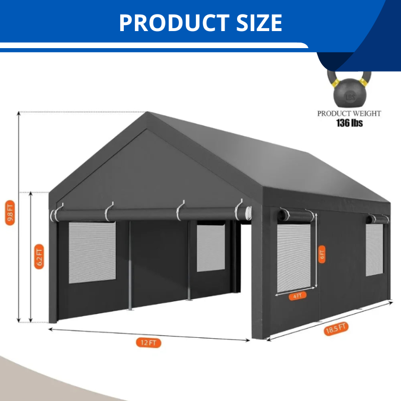 Heavy Duty Carport 12'x18.5' Ft With Roll-up Windows With All-Season Tarp for Car Truck Or Boat
