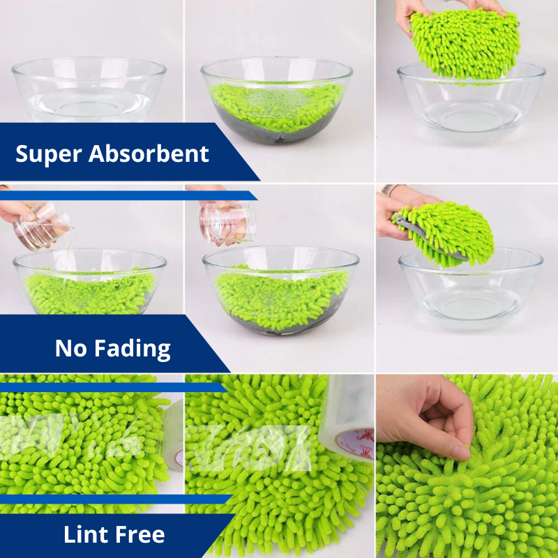 Microfiber Car Wash Brush Mitt Sponge 46" Aluminum Alloy Long Handle 2 Chenille Scratch-Free Replacement Head