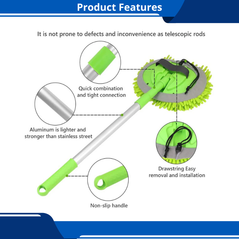 Microfiber Car Wash Brush Mitt Sponge 46" Aluminum Alloy Long Handle 2 Chenille Scratch-Free Replacement Head