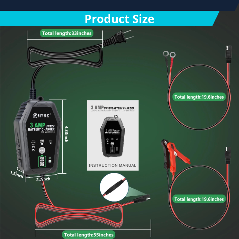 6V 12V 3A Smart Car Battery Charger Trickle Charger for Motorcycle ATV Lithium and Deep Cycle Batteries