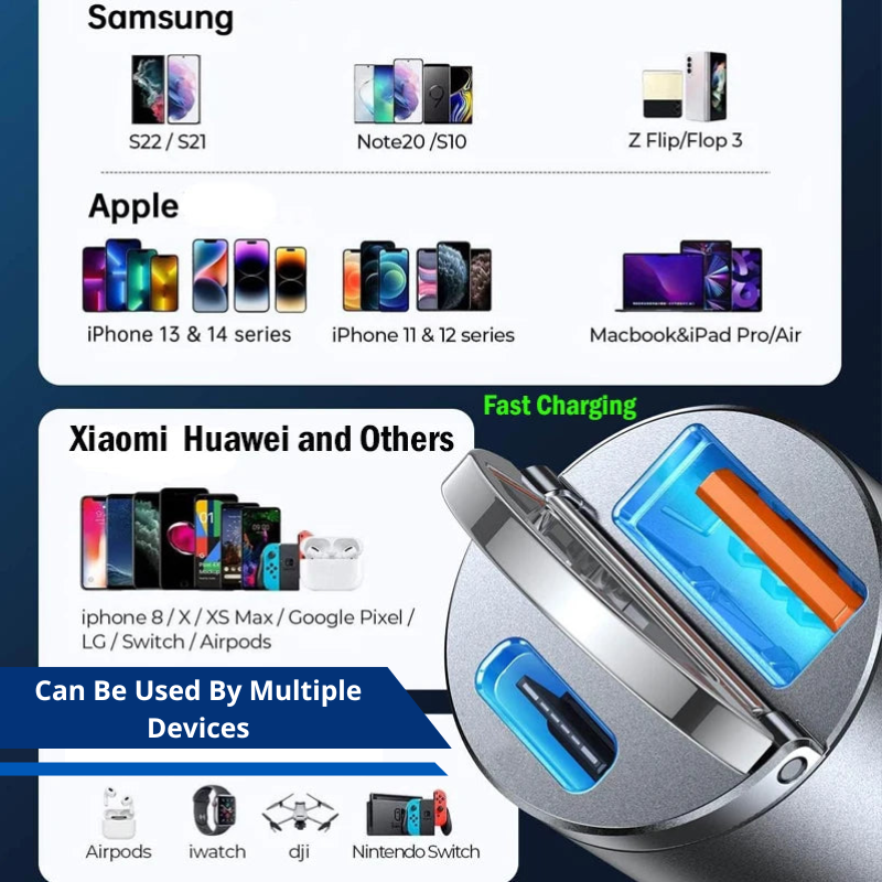 Hidden Mini 100W Type C USB Car Charger Fast Charging for iPhone Samsung Lighter Charger