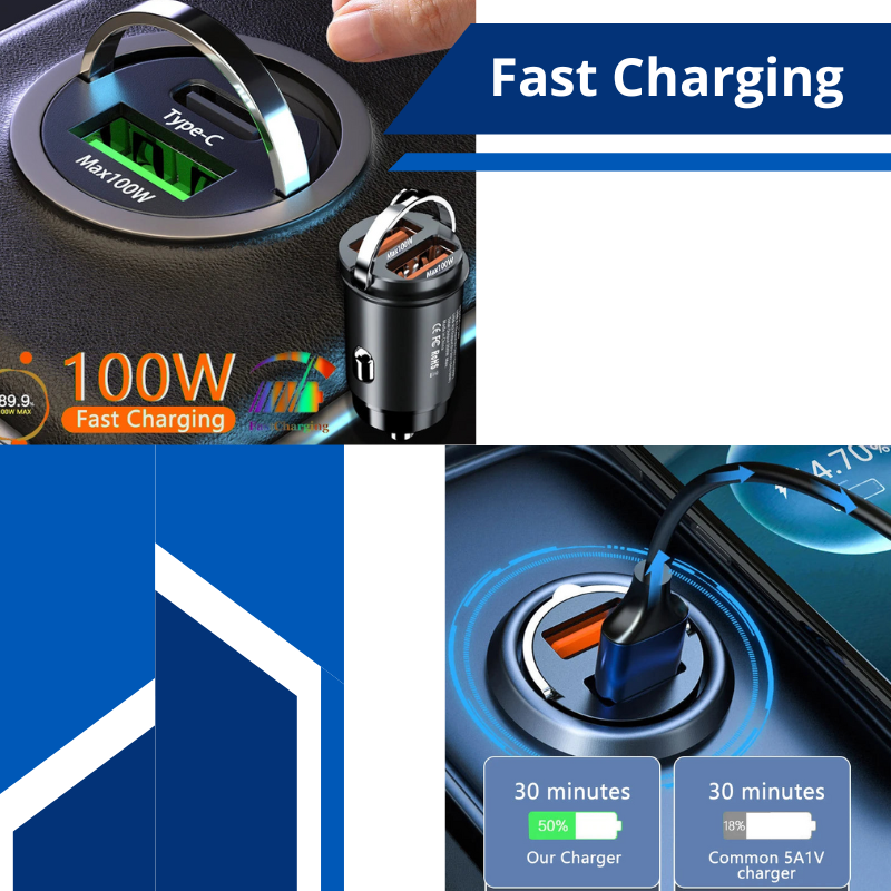 Hidden Mini 100W Type C USB Car Charger Fast Charging for iPhone Samsung Lighter Charger