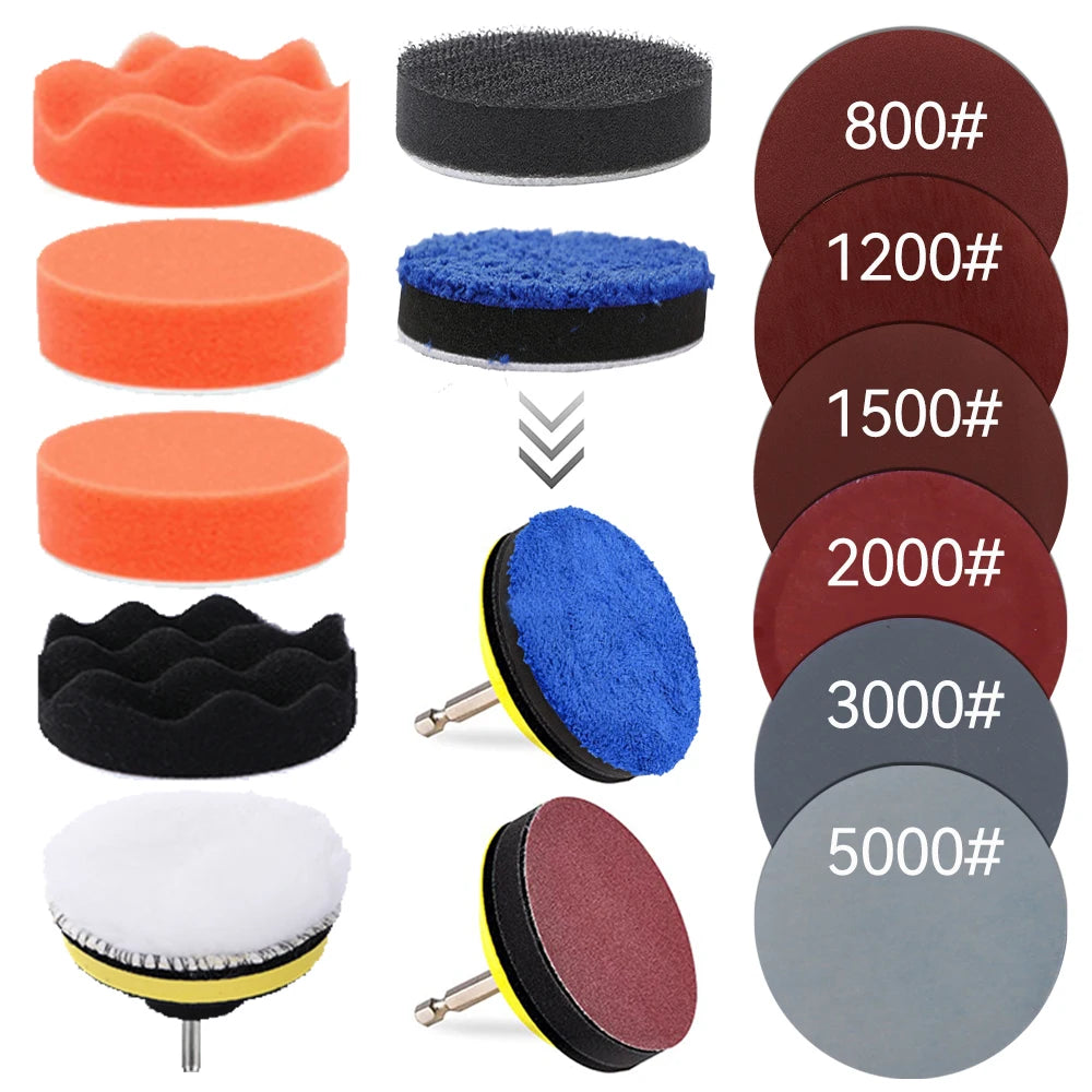 Car Detailing Polishing Kit Sponge Buffing Pad Sanding Disc Waxing Drill Adapter Headlight Restoration Kit